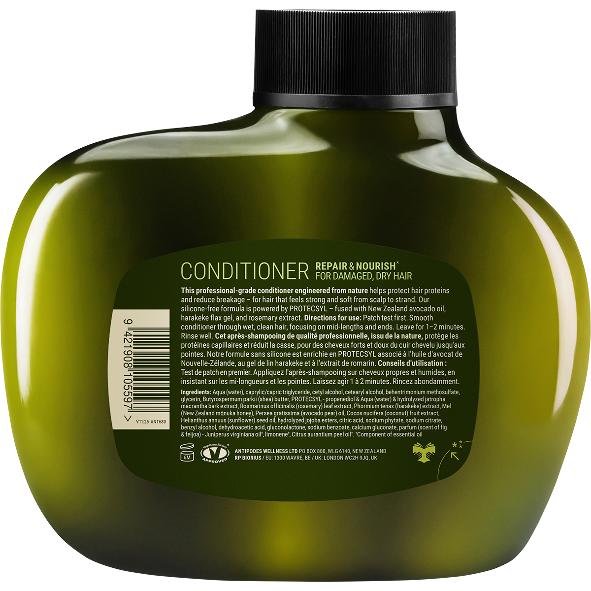Rear view of a 340ml bottle of Antipodes Fig + Feijoa conditioner showing the label with ingredients and usage directions.