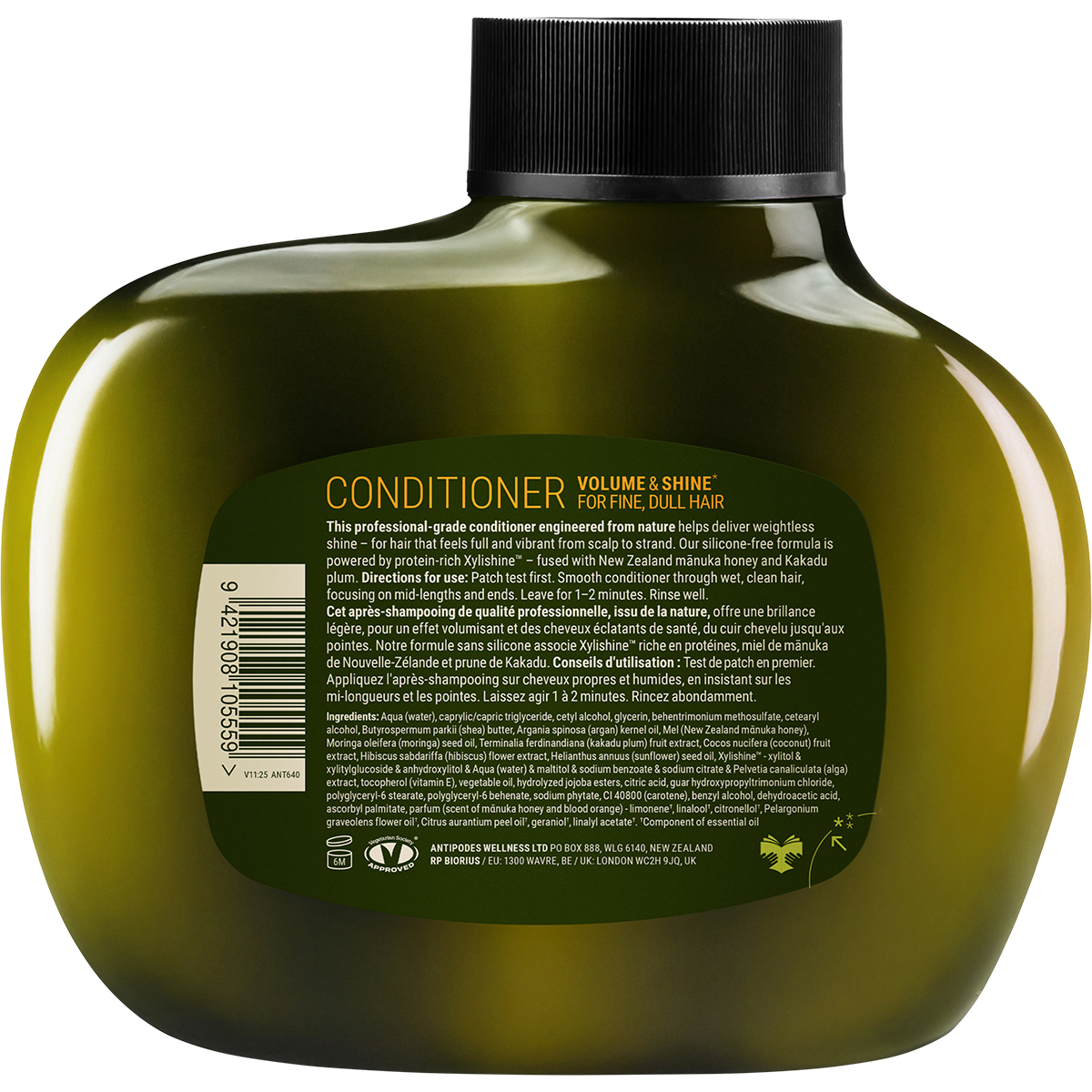 Back of an Antipodes Manuka and Orange Volume and Shine Conditioner bottle with product information and barcode.