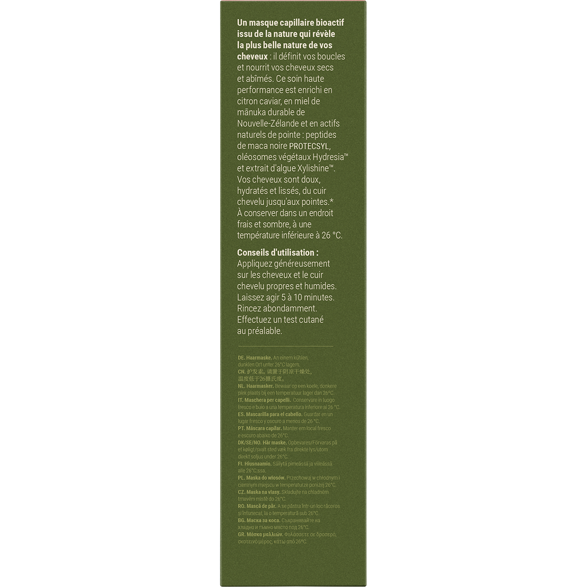Back of Antipodes Lime Caviar hair mask box with ingredients, directions, and clinical trial results on a white background.