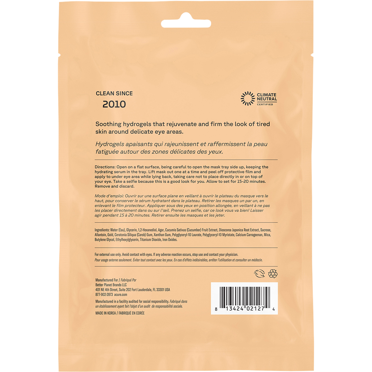 Back of ACURE Under Eye Hydrogels pack with ingredients, directions, and product benefits on a purple background.