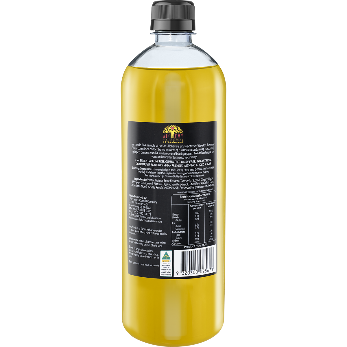 Back of Alchemy Golden Turmeric Elixir bottle showing ingredients, nutritional facts, and 9320300025673 barcode.