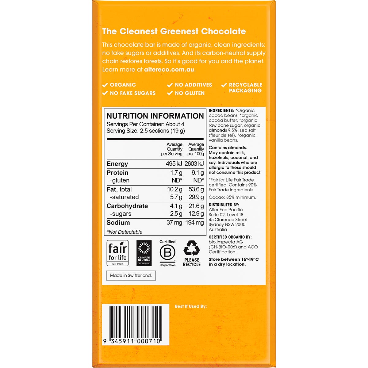 Alter Eco Chocolate Organic Dark Almonds Blackout 75g (Pack of 12) Payless 4 Organics