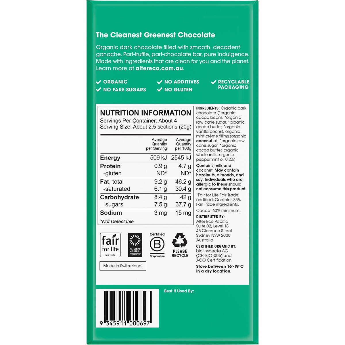 Alter Eco Chocolate Organic Mint Creme Dark Truffle Thins 84g (Pack of 12) Payless 4 Organics