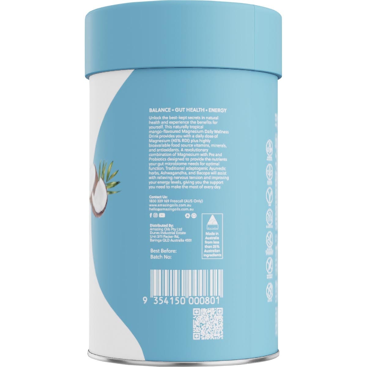 200g tub of Amazing Oils Magnesium Wellness Drink Tropical Mango with a yellow and green label on a white background.