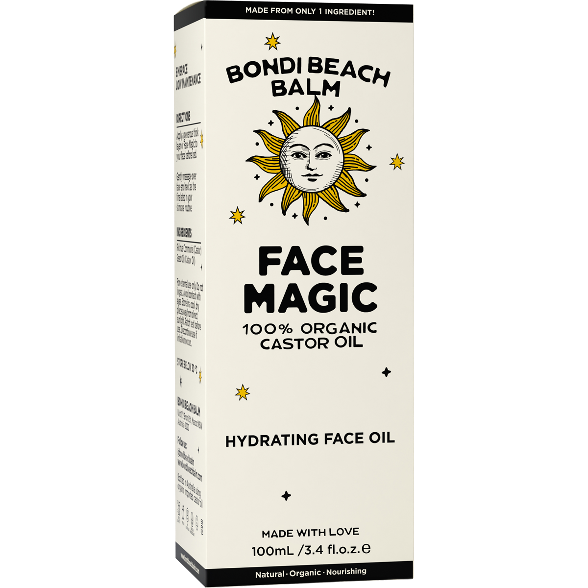White and yellow Bondi Beach Balm Face Magic box for 100% organic castor oil on a white background.