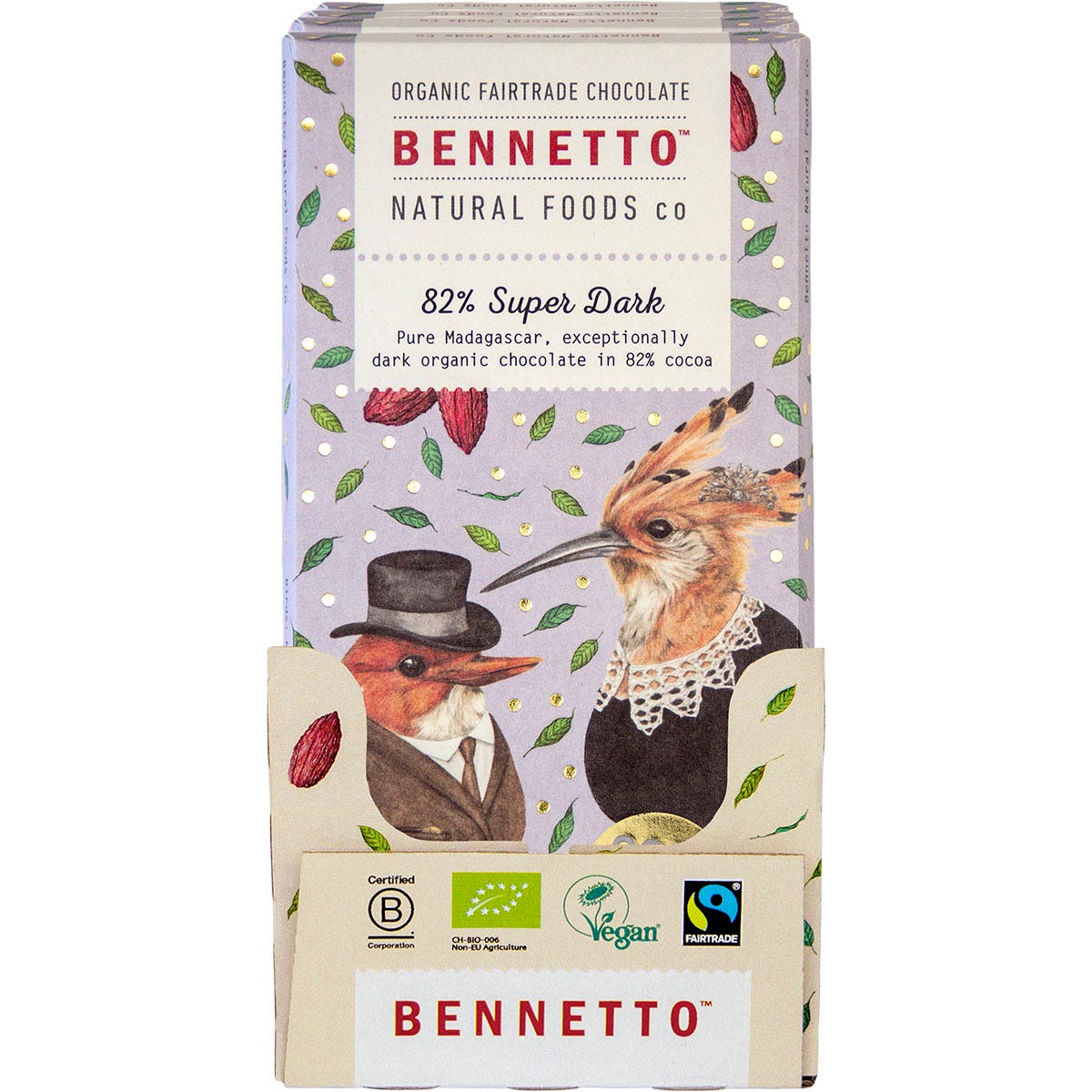 Bennetto 80g Organic 82% Super Dark Chocolate bar with a bird illustration on dark blue packaging, white background.