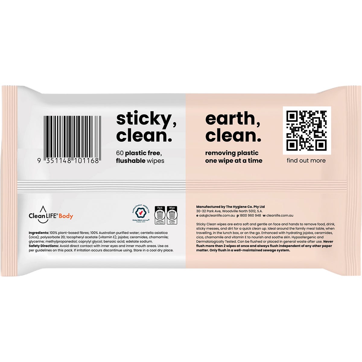CleanLIFE Sticky Clean Flushable Plastic Free Wipes 60 Pack