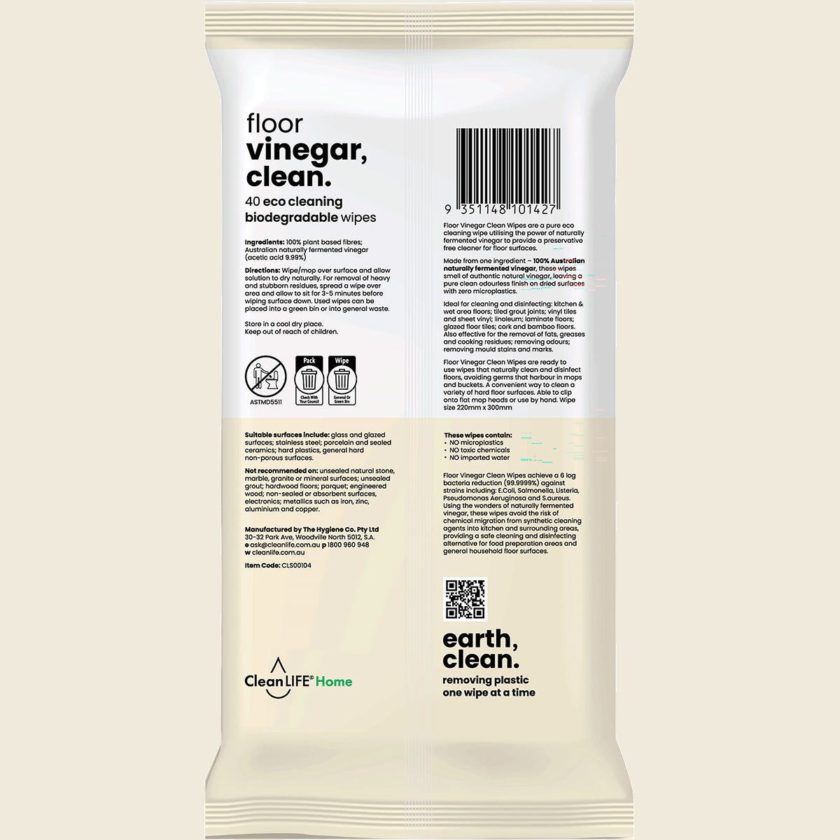 CleanLIFE Vinegar Clean Surface Plastic Free Wipes 100 Pack