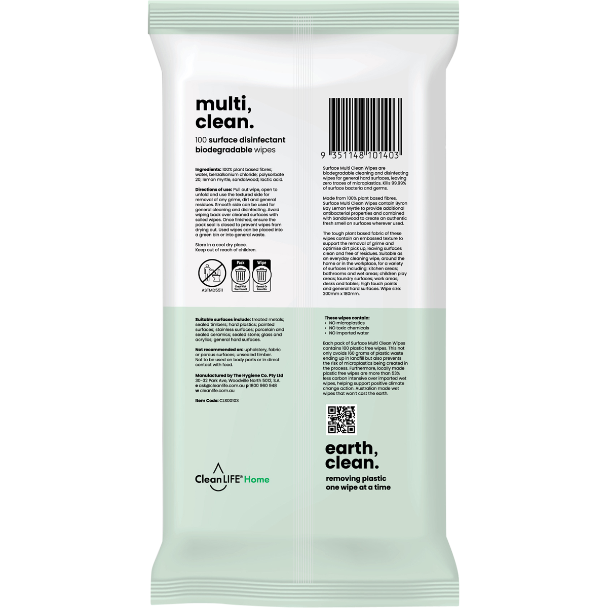 Back of CleanLIFE Multi Clean Wipes pack showing directions, ingredients, and Australian made logo.