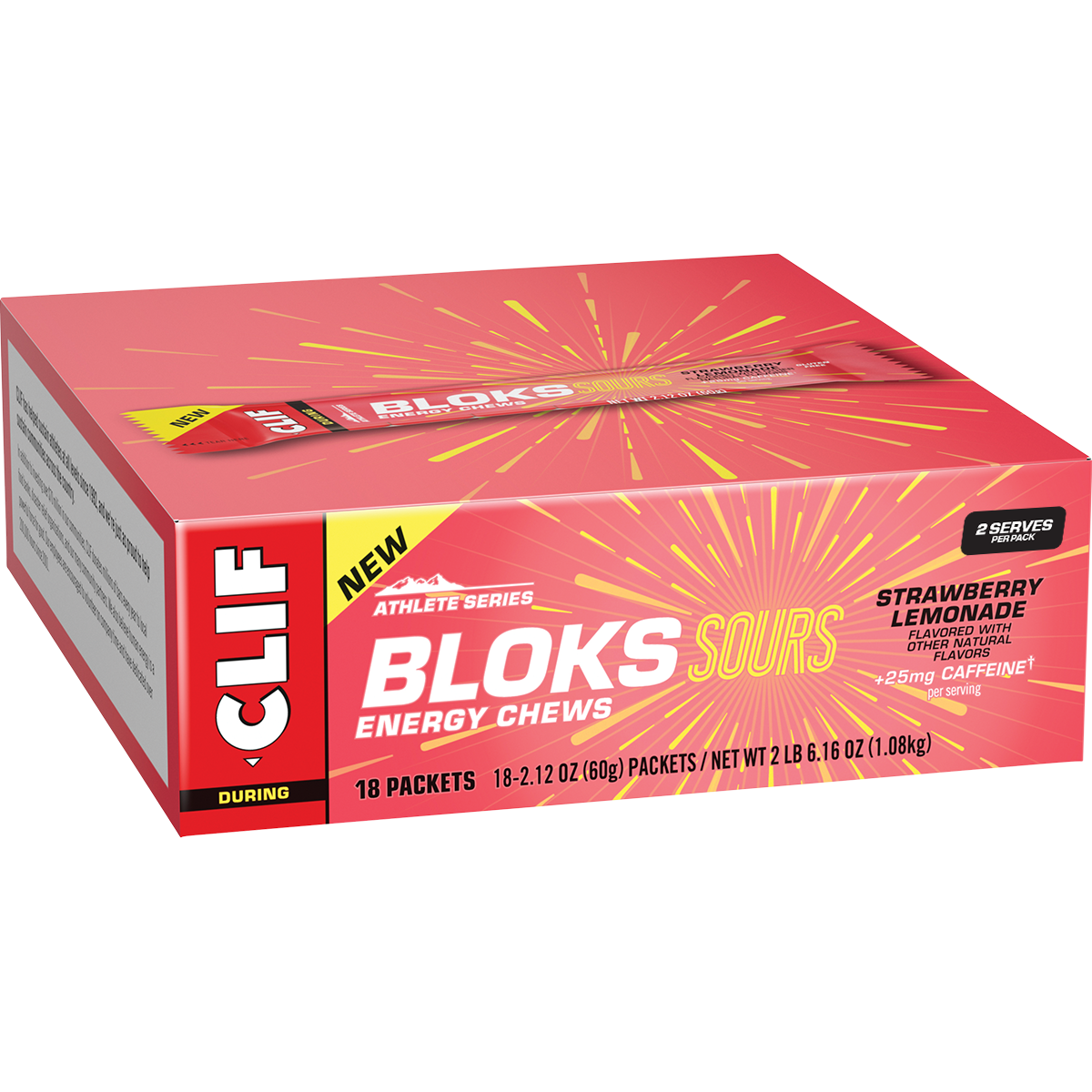 Cardboard retail display box containing 18 sleeves of CLIF Bloks Sour Strawberry Lemonade energy chews.