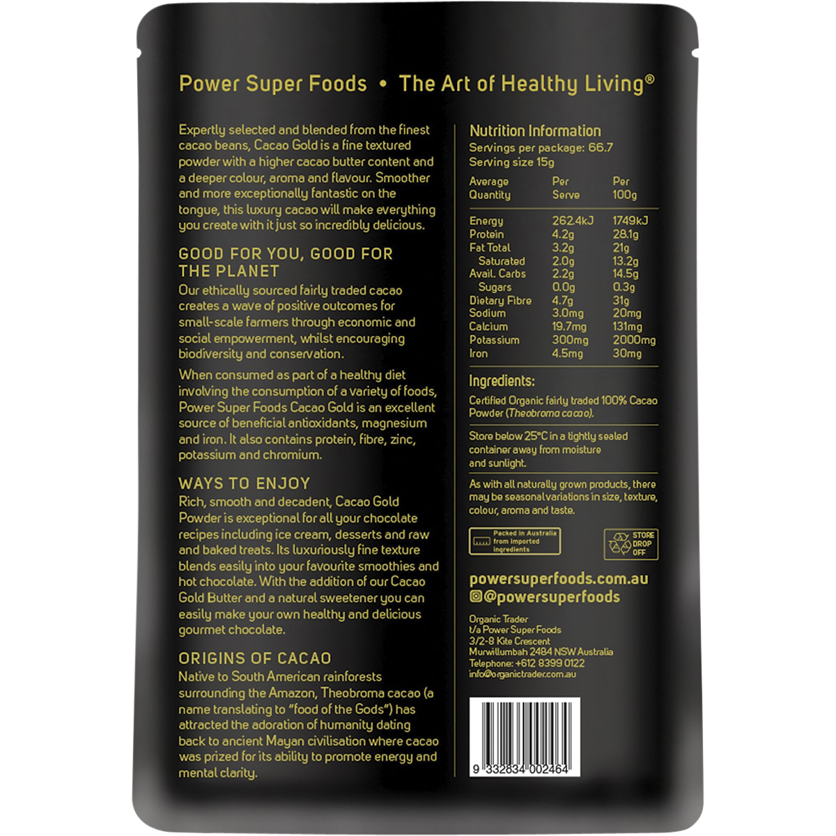 Power Super Foods Cacao Gold Powder Certified Organic 1kg