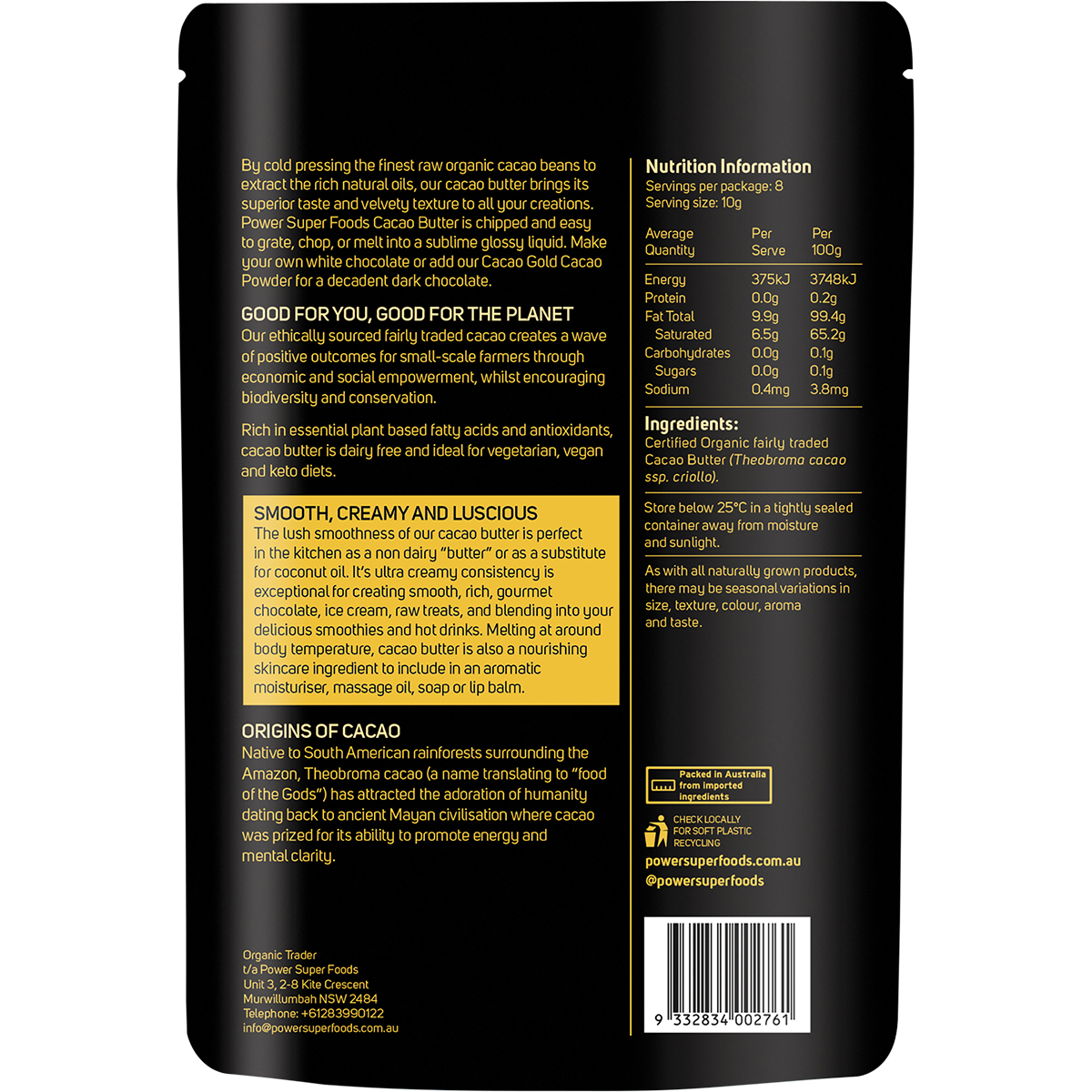 Back of Power Super Foods Cacao Gold pouch showing usage tips, benefits, nutritional facts, and barcode.