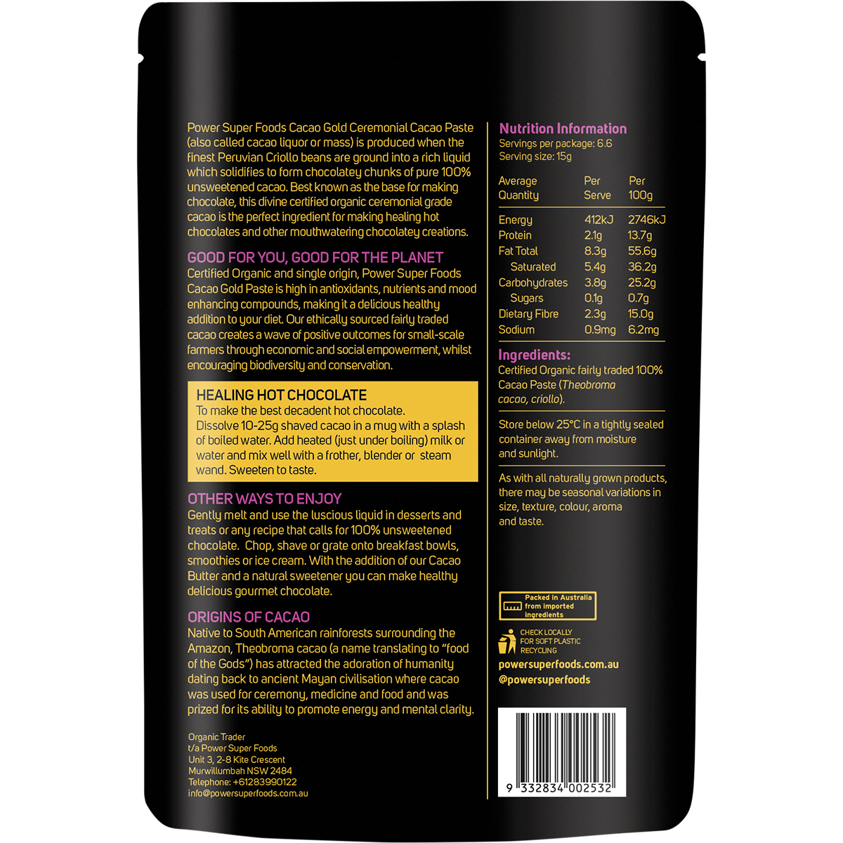 Back of Power Super Foods Cacao Gold Paste 100g pouch with ingredients, nutritional info, and organic certification.