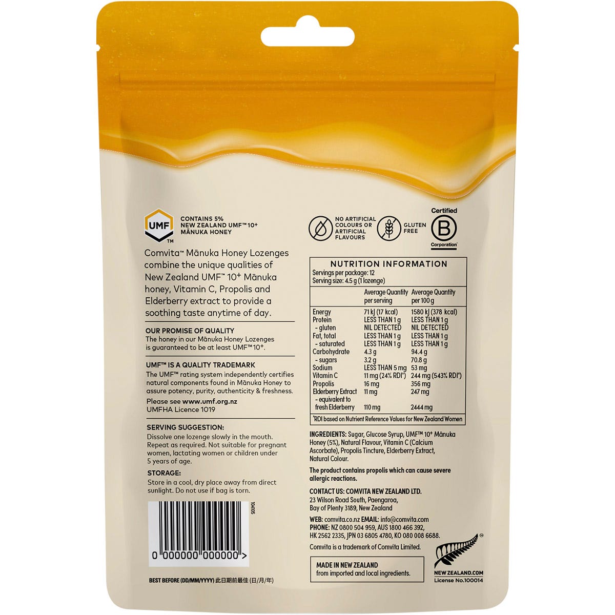 Comvita Manuka Honey Lozenges Elderberry Extract & Vitamin C 4.5g (Pack of 12) Payless 4 Organics