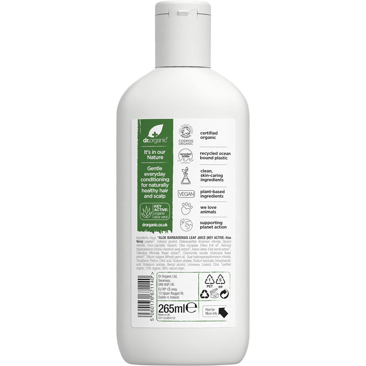 Back of Dr Organic Aloe Vera Conditioner 265ml bottle showing ingredients and usage instructions on a green label.