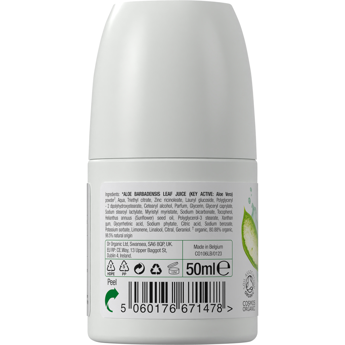 Back of Dr Organic Aloe Vera roll-on deodorant bottle showing ingredient details and directions for use.