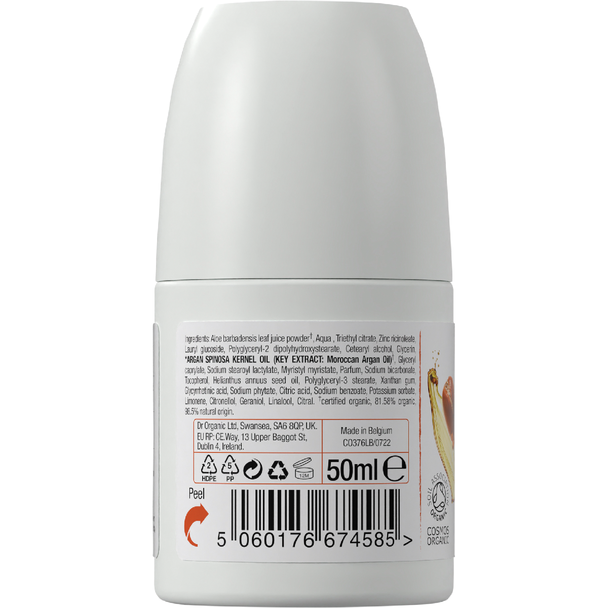 Back label of Dr Organic Moroccan Argan Oil 50ml roll-on deodorant bottle showing ingredients and usage.