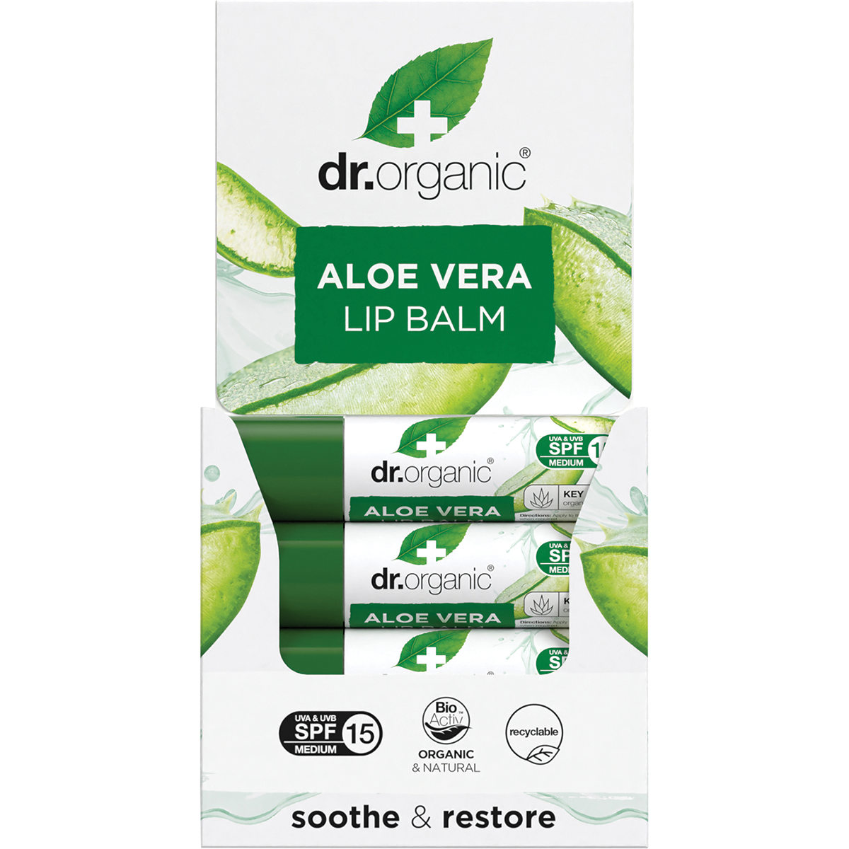 Dr Organic Aloe Vera Lip Balm 5.7ml displayed in a green and white branded cardboard box.