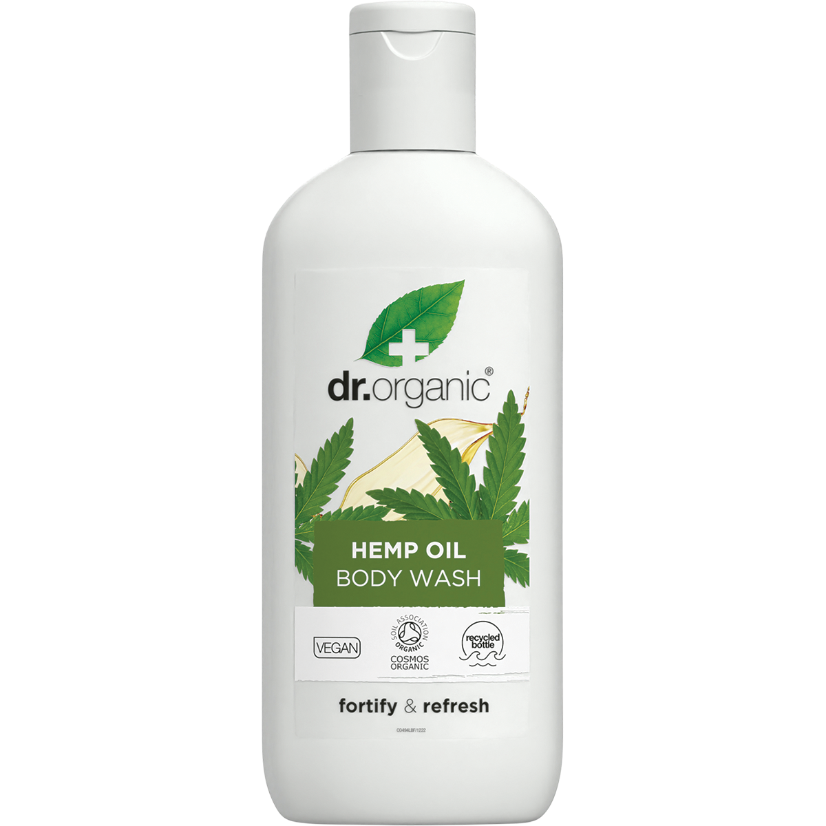 Dr Organic Hemp Oil Body Wash in a 250ml white bottle with a green leaf design and black flip-top lid.