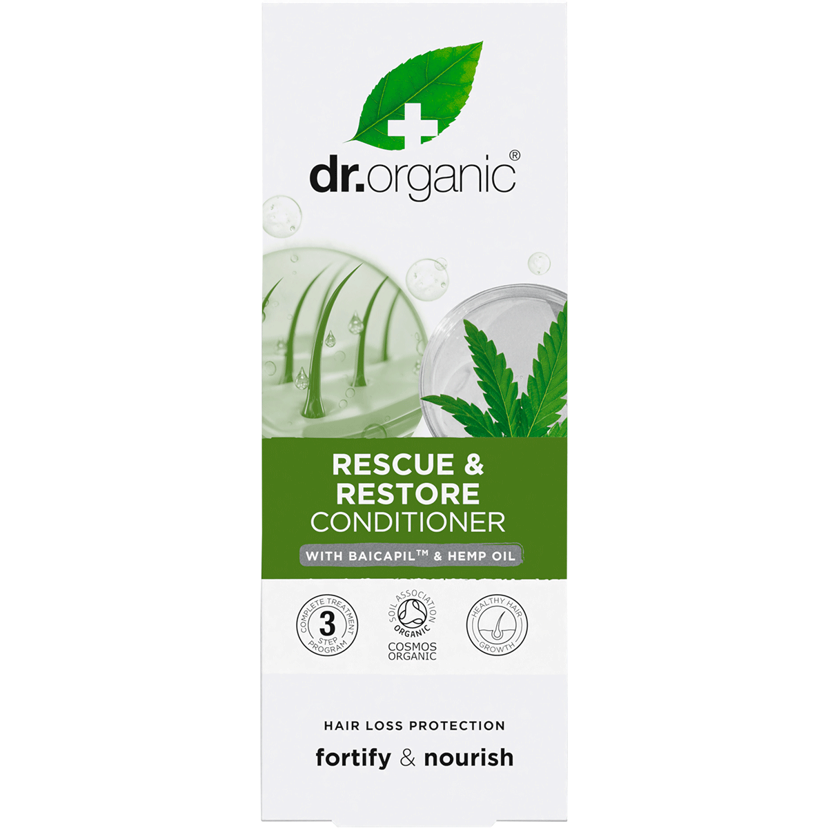 Front of Dr Organic Hemp Oil Conditioner box featuring green and white design for fine, thinning hair.