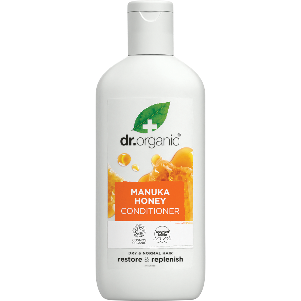 265ml bottle of Dr Organic Manuka Honey Conditioner for normal to dry hair on a white background.