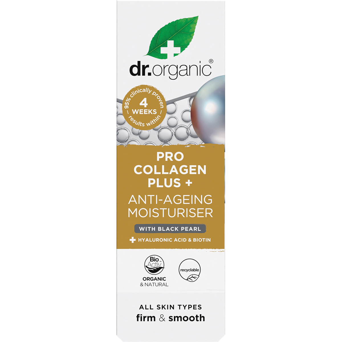 Front of Dr Organic Pro Collagen Black Pearl moisturiser box featuring a gray and white design on a white background.