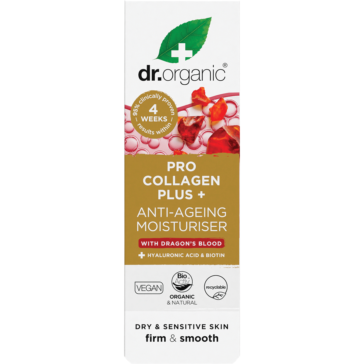 Front of Dr Organic Dragon's Blood moisturiser box with red and white design and pro-collagen benefits on white.