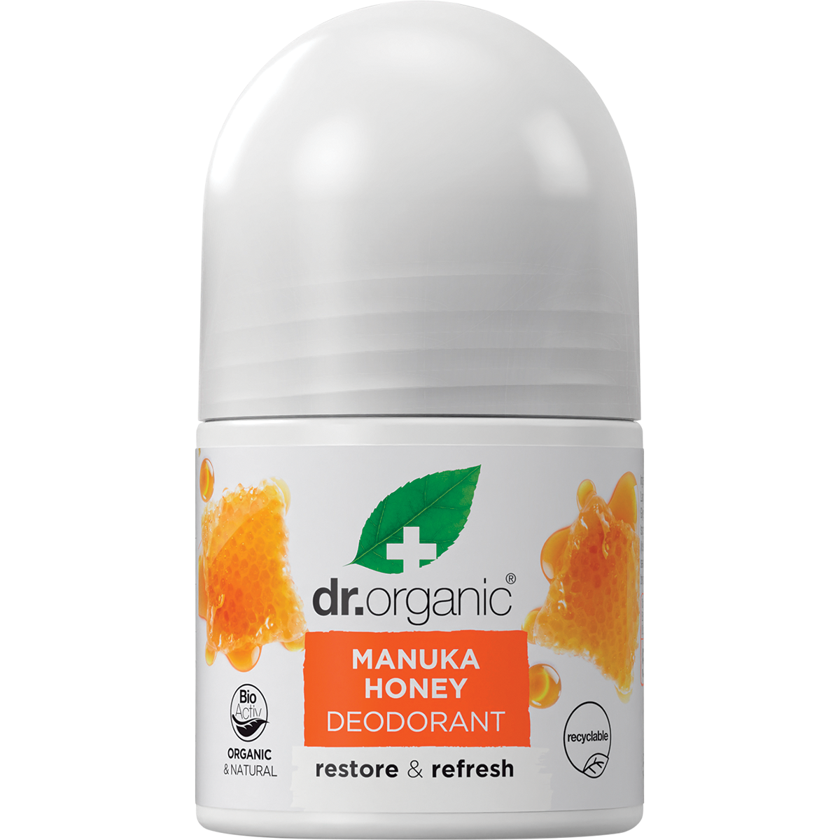 50ml bottle of Dr Organic Manuka Honey Roll-On Deodorant with a white cap and yellow label on a white background.