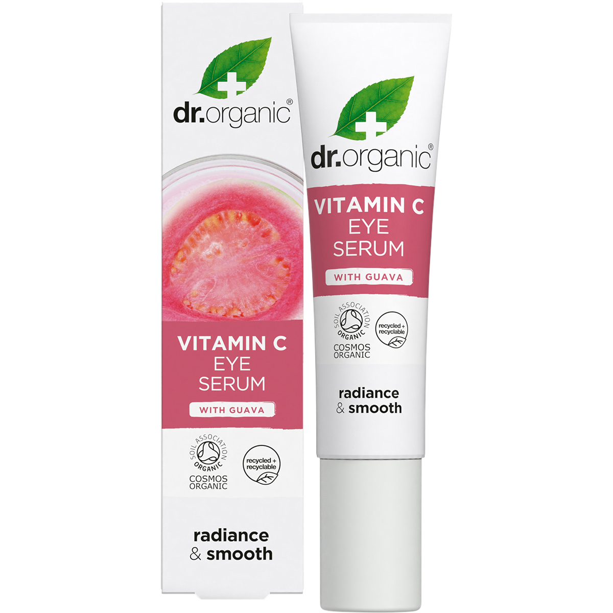 15ml tube of Dr Organic Guava Eye Serum next to its pink and white box, featuring vitamin C for brightening.