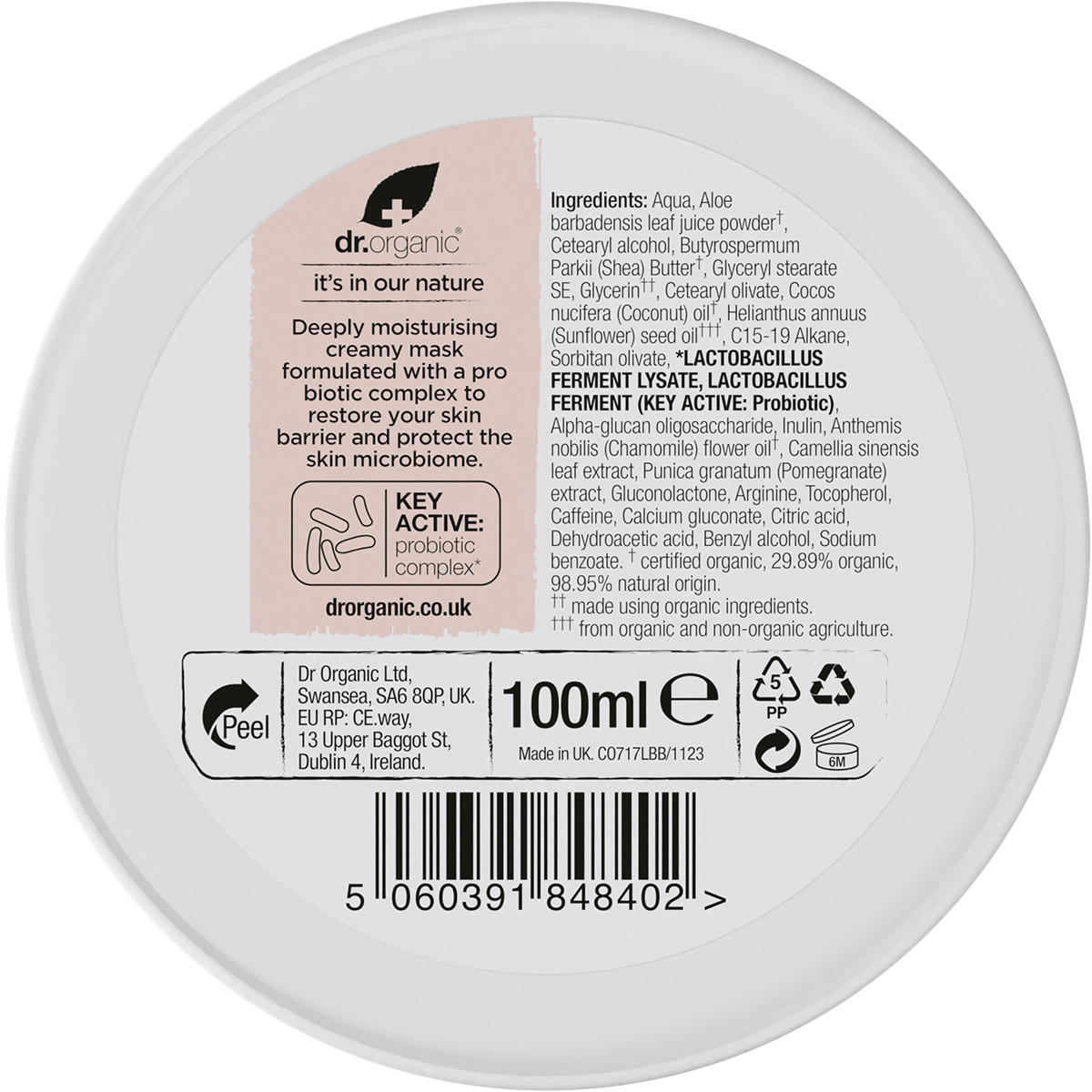 Back view of a 100ml Dr Organic Skin Calm Probiotic Recovery Mask tub with ingredients and directions on a white label.