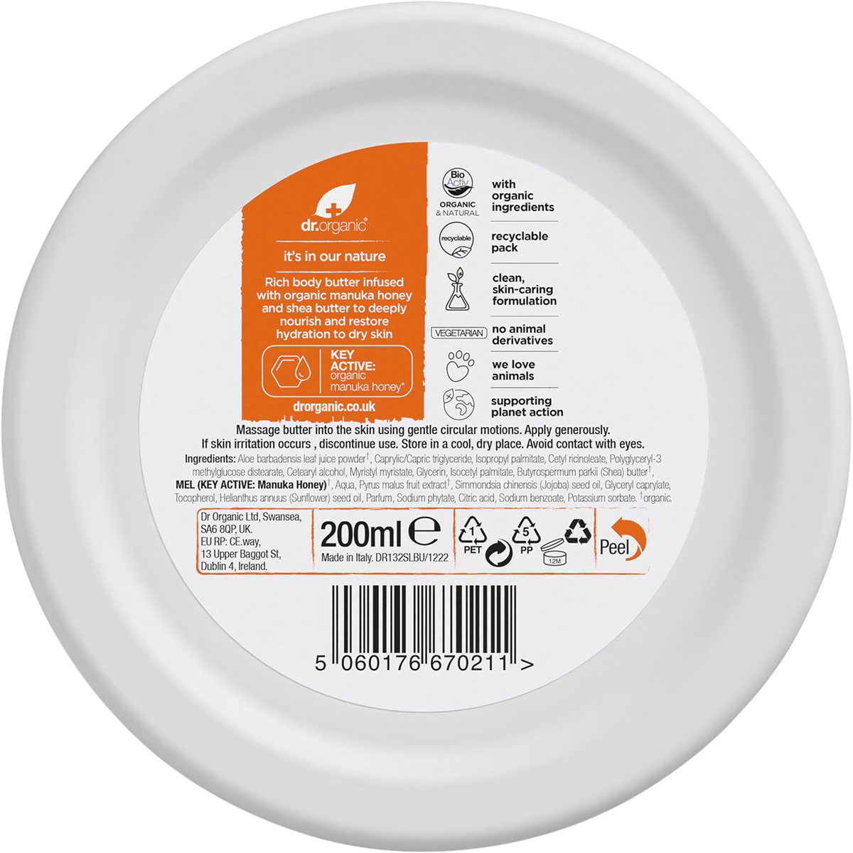 Back of Dr Organic Manuka Honey Body Butter 200ml tub showing ingredients and product information.