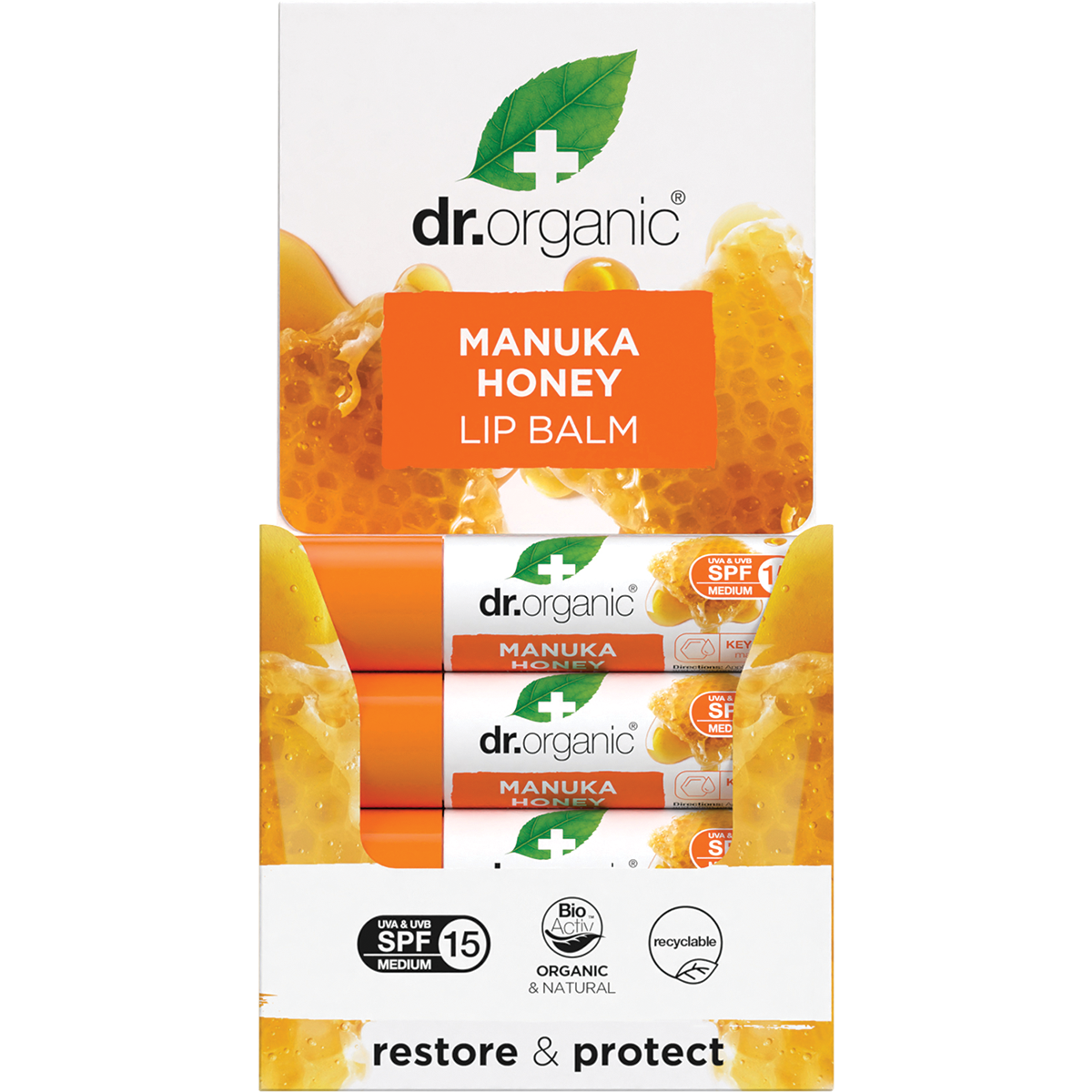 Dr Organic Manuka Honey Lip Balm tube next to its retail display box on a white background.