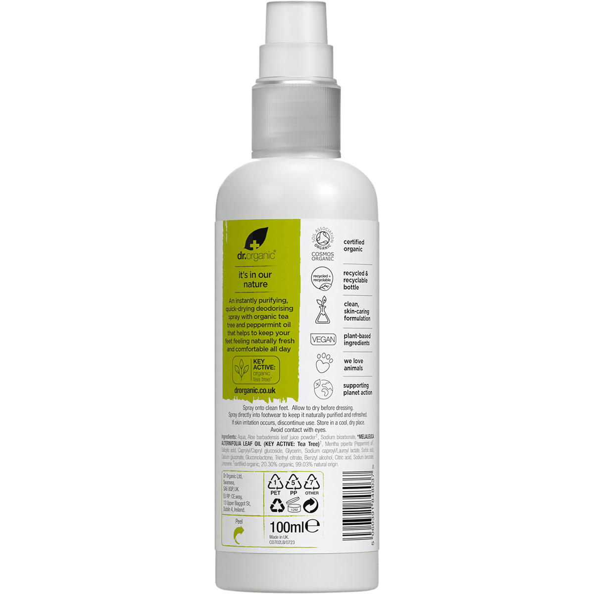 Back of Dr Organic Tea Tree Foot Spray 100ml bottle showing ingredients and directions on a green and white label.