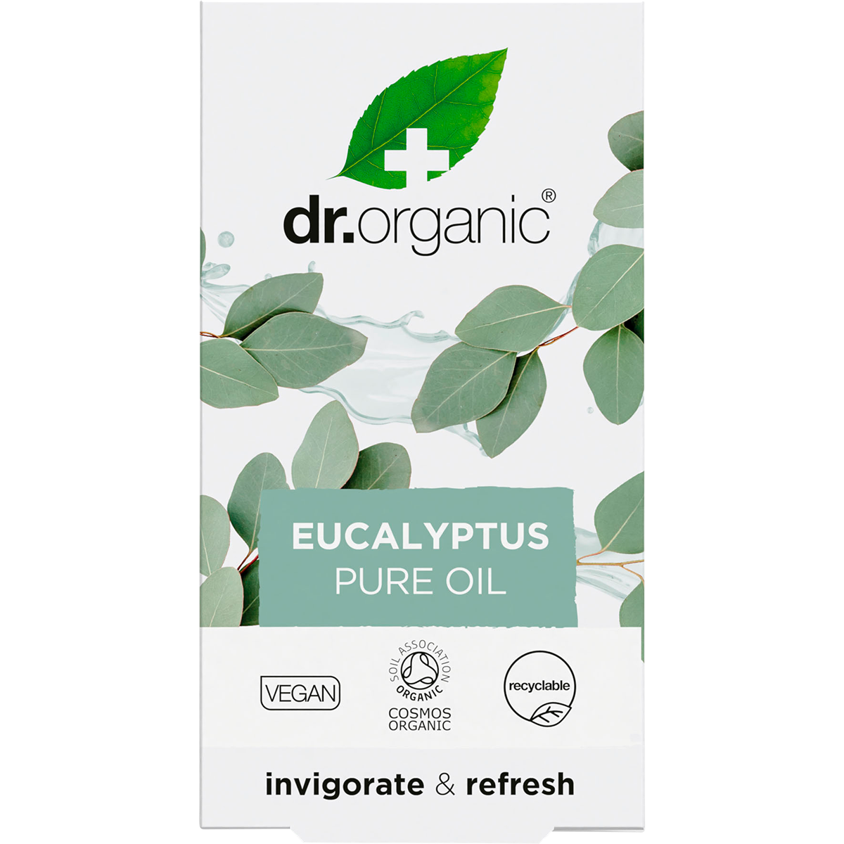 Front of a Dr Organic Eucalyptus Oil 10ml box featuring a green label with eucalyptus leaves on a white background.