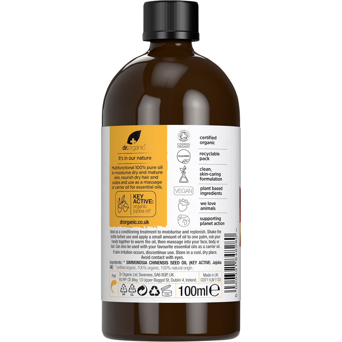 Back of Dr Organic 100% Pure Jojoba Oil 100ml glass bottle showing product details and directions on a white background.