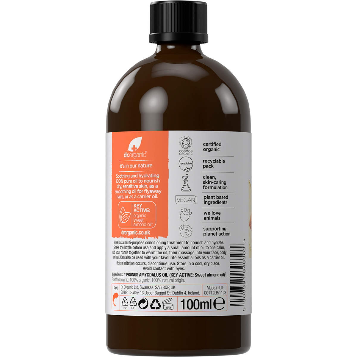 Rear view of the Dr Organic Sweet Almond Oil bottle showing ingredients, directions, and organic certification labels.