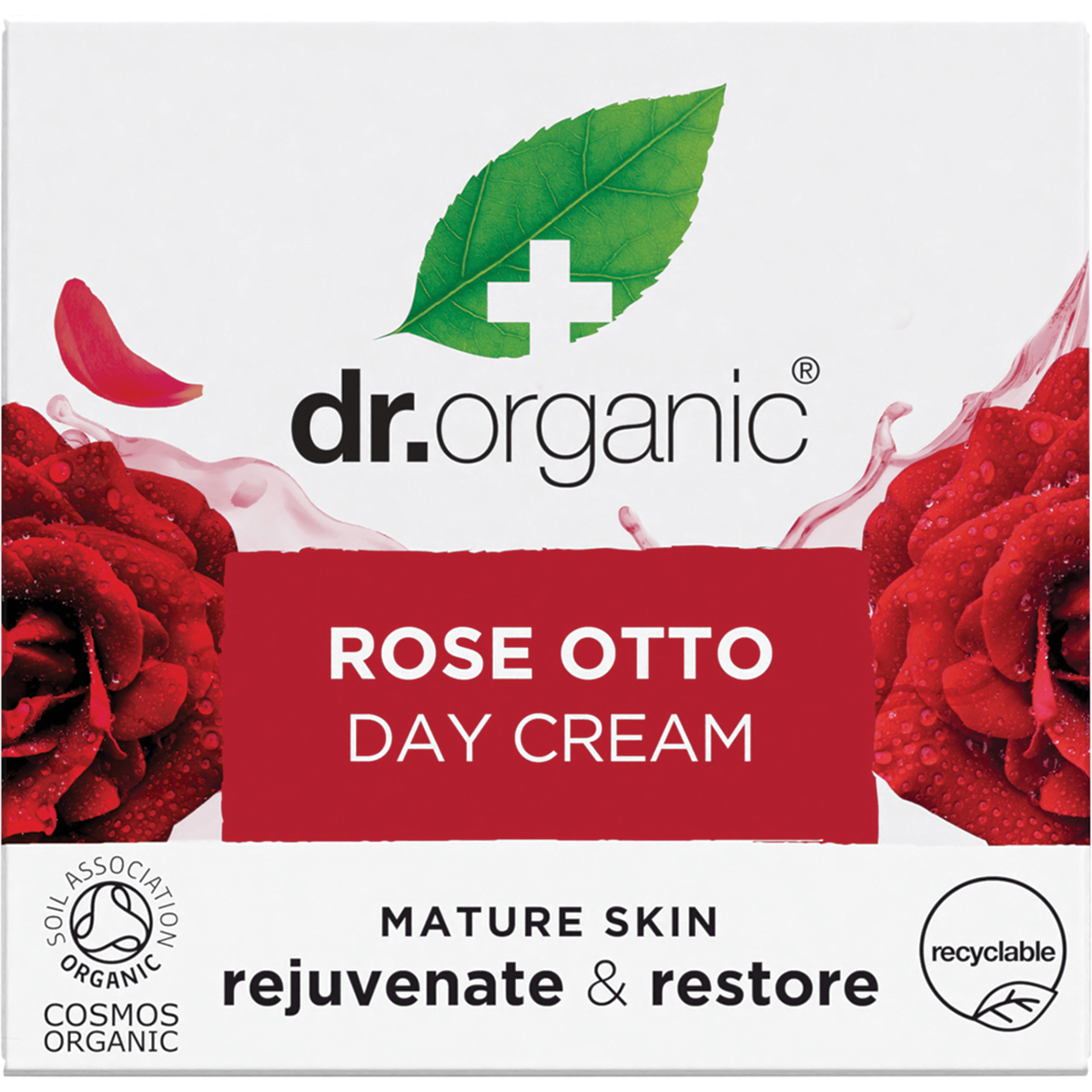 Side view of a Dr Organic Rose Otto Day Cream 50ml box on a white background.