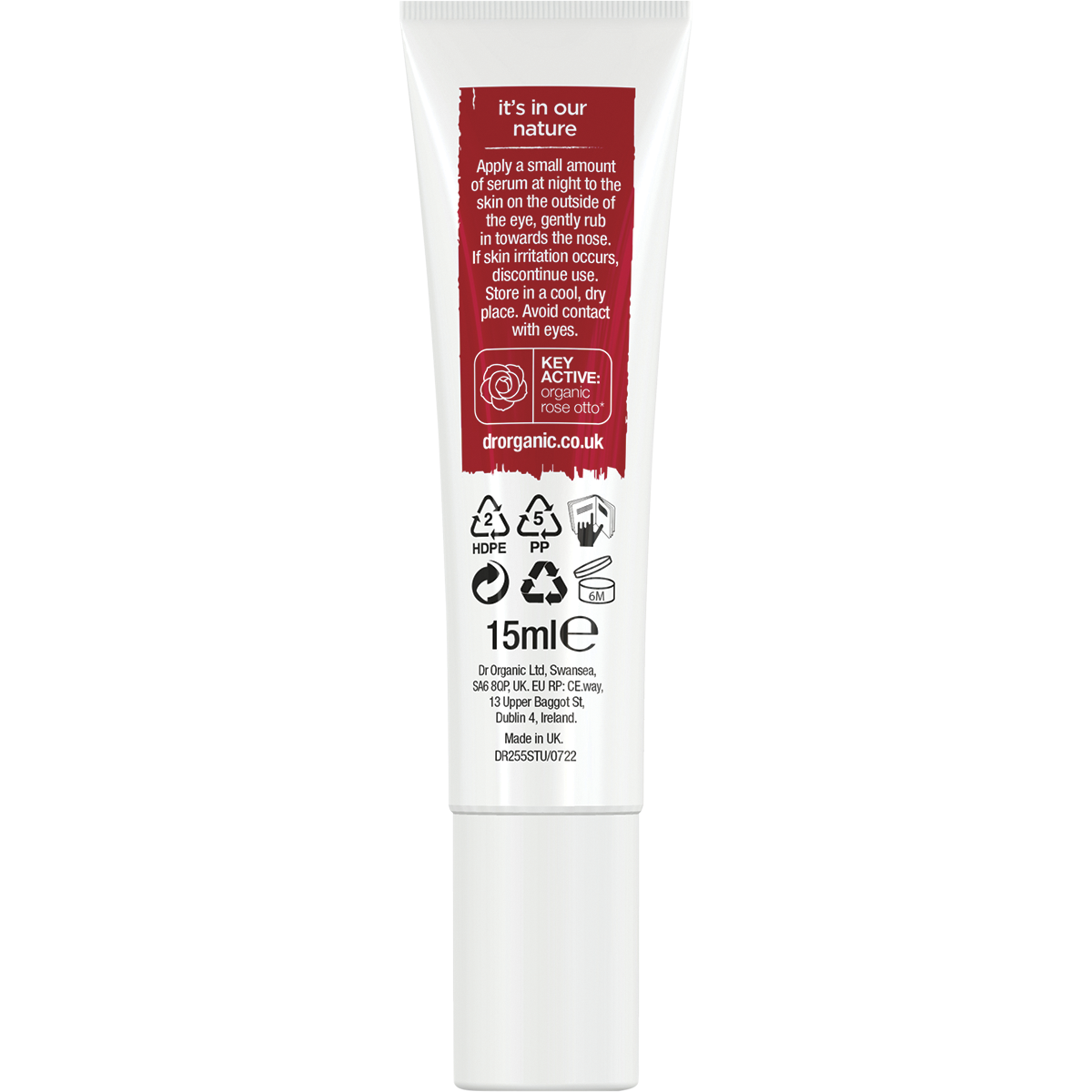 Back of Dr Organic Rose Otto Eye Serum 15ml tube showing ingredients, directions, and product information.