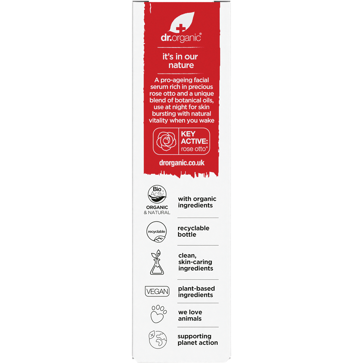 Back of Dr Organic Rose Otto Facial Serum box showing product benefits, ingredients, and directions for use.