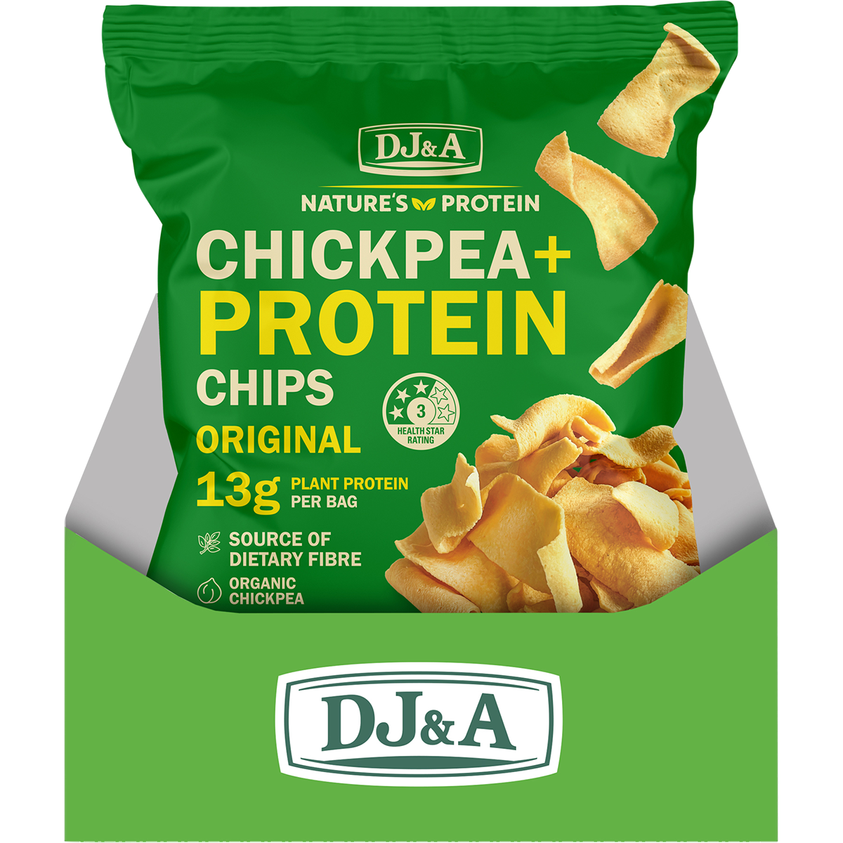 Yellow display box containing multiple bags of DJ&A Original Chickpea + Protein Chips on a white background.