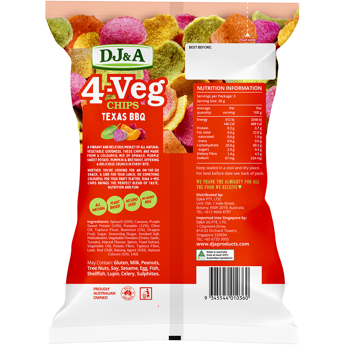 Back of DJ&A 4-VEG Chips Texas BBQ bag showing ingredients, nutrition facts, and barcode on a white background.