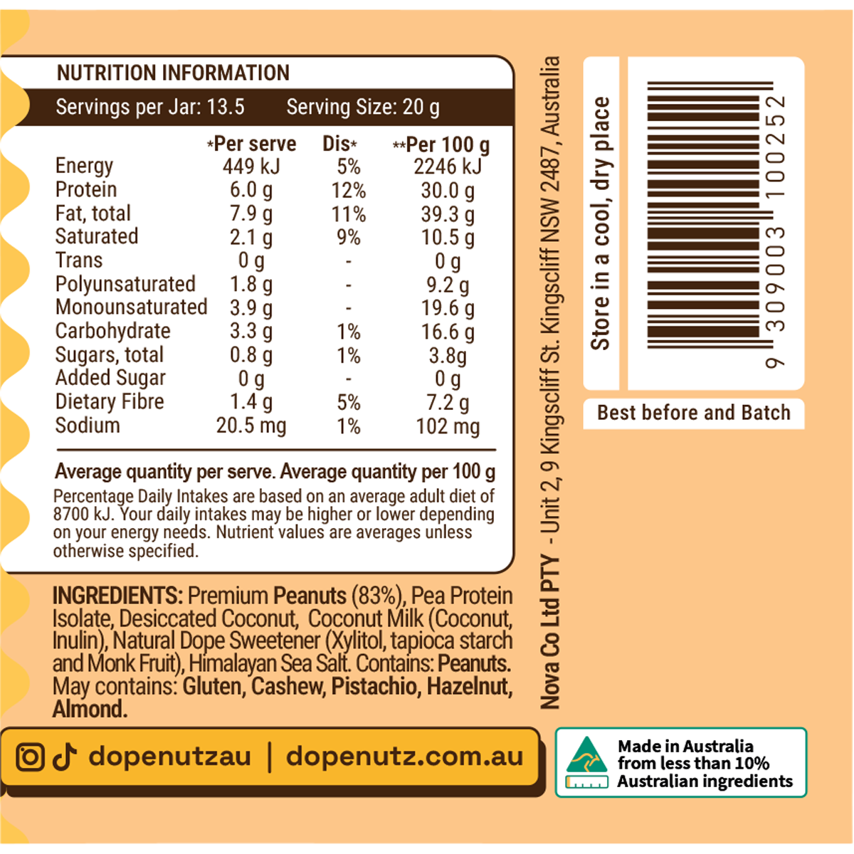 Nutritional information panel for Dope Nutz Coconut Creme Brulee peanut butter showing ingredients and health facts.