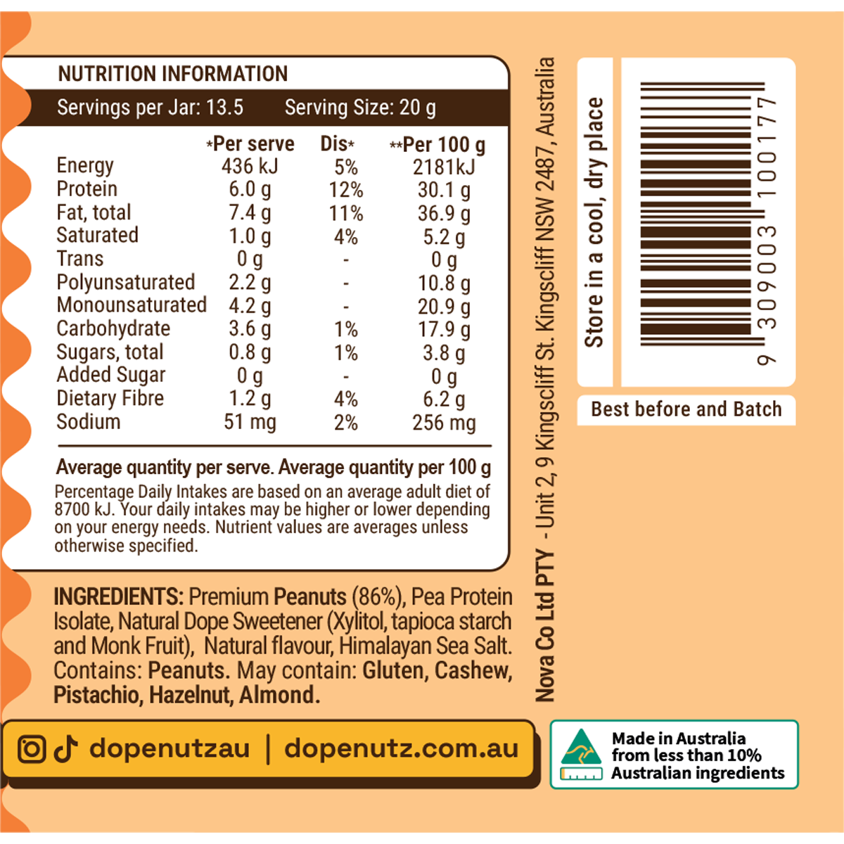 Nutritional information panel for Dope Nutz Salted Caramel Peanut Butter showing 436kJ energy and 6g protein per serving.