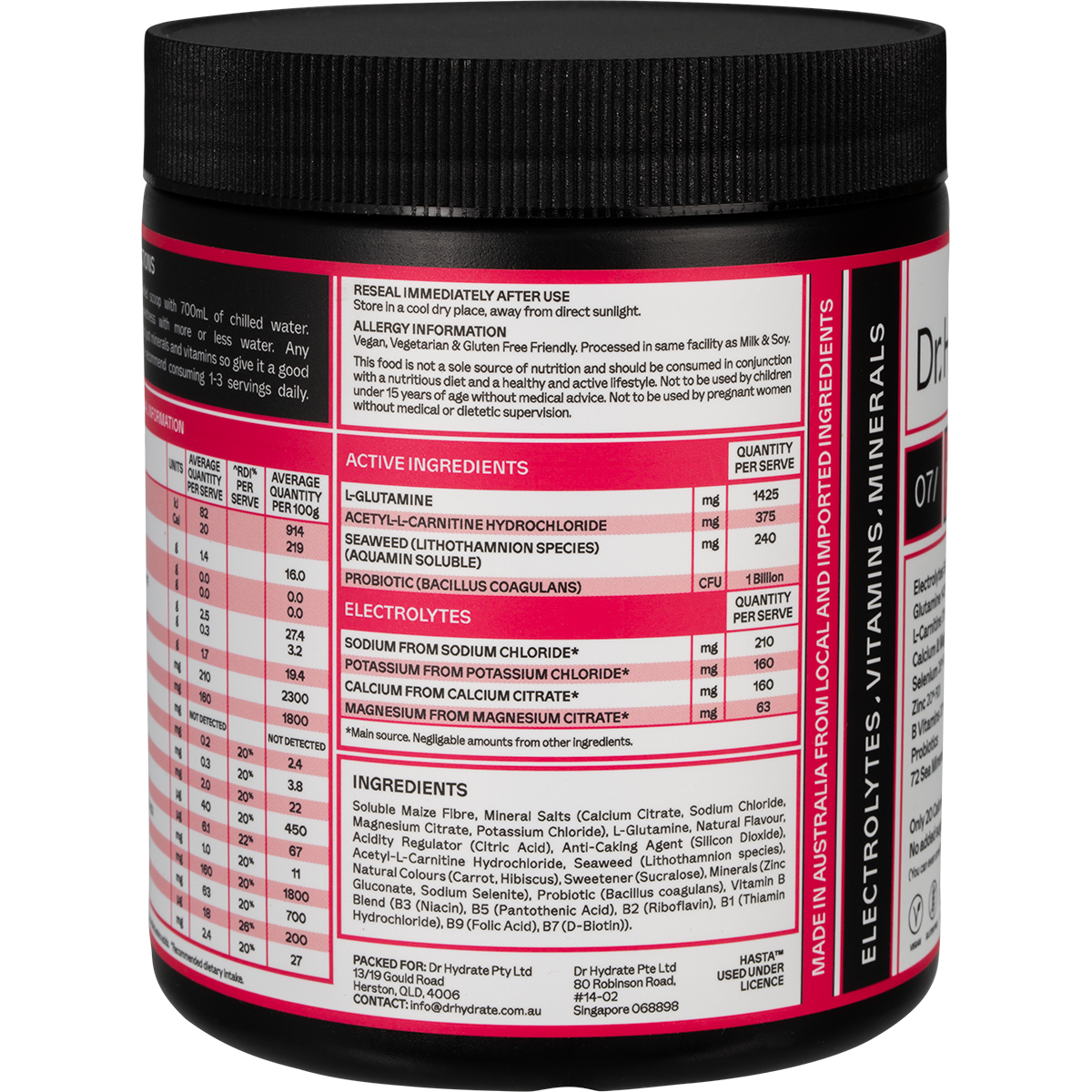Left-side view of a 270g Dr. Hydrate Raspberry jar highlighting product features and hydration benefits.