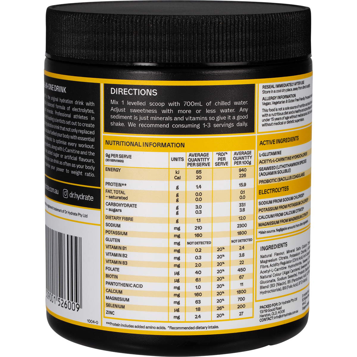Mango Passionfruit Dr. Hydrate 270g tub tilted right, showing a white label with orange and pink accents.