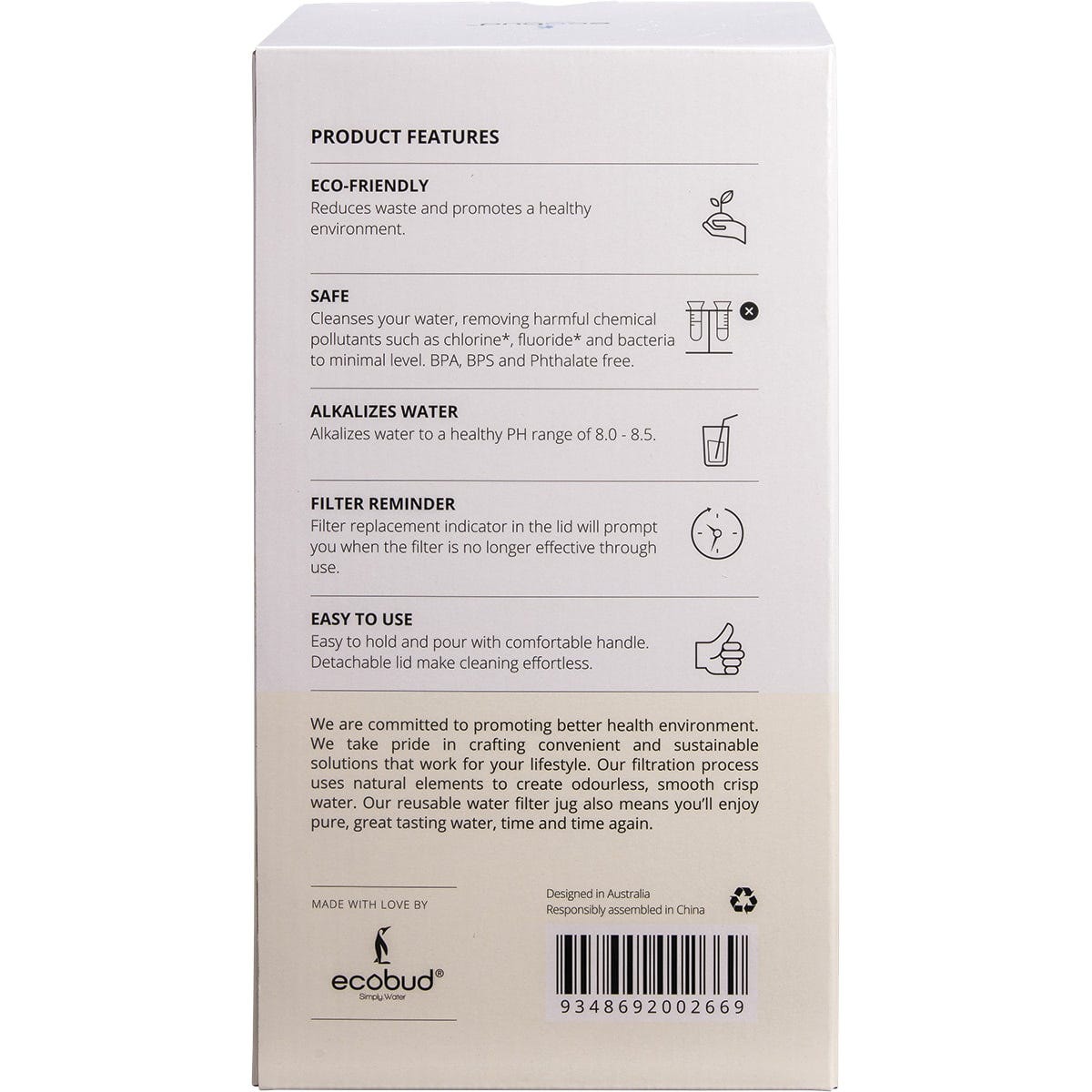 Front view of the white Ecobud Gentoo 1.5L water filter jug retail packaging box on a white background.
