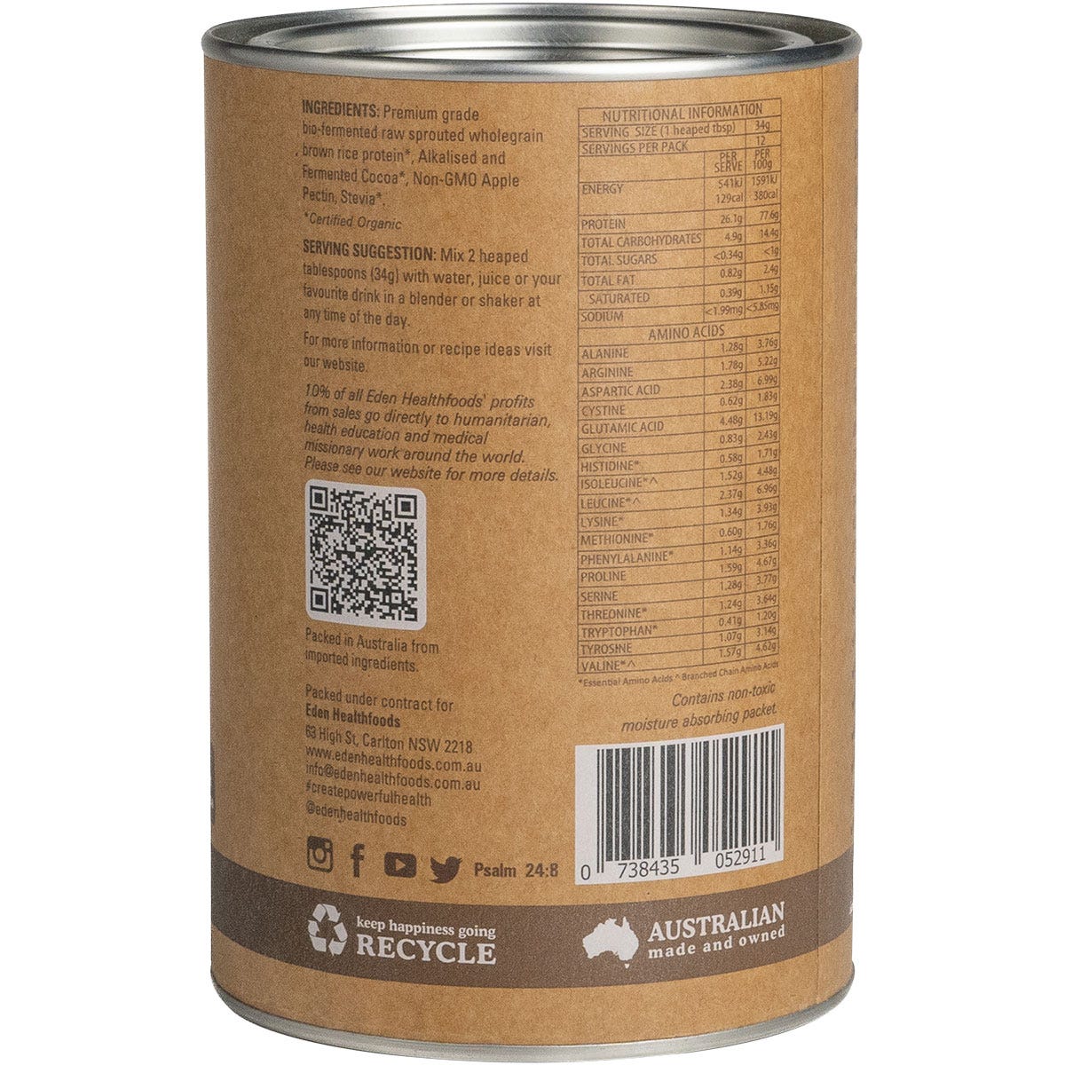 Eden Healthfoods Ultimate Protein Sprouted Brown Rice Chocolate 400g Payless 4 Organics