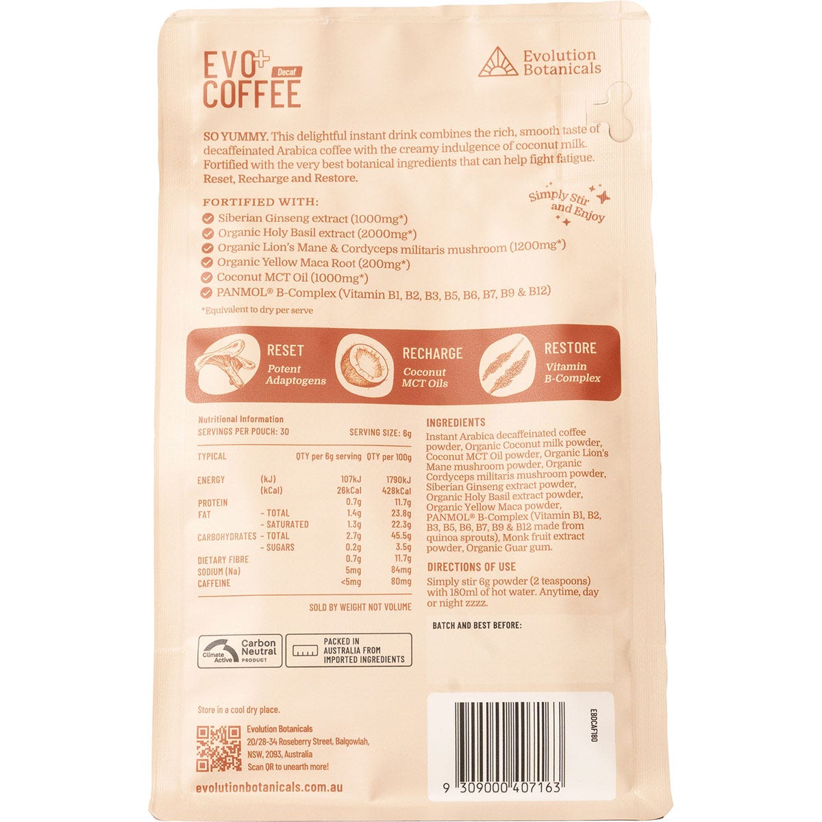 Evolution Botanicals EVO+ Coffee Decaf Adrenal Refresh 180g Payless 4 Organics