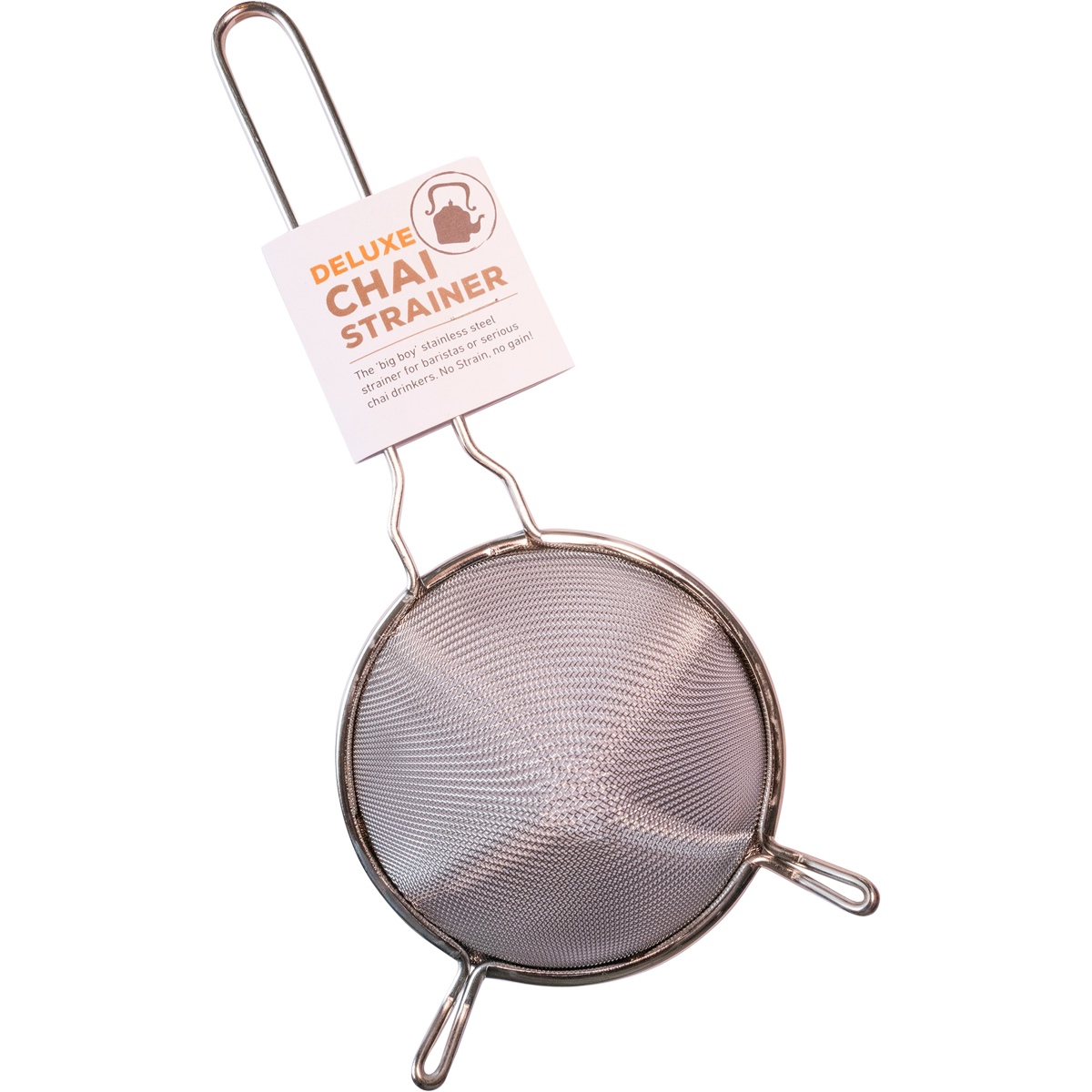 The Fresh Chai Co. Deluxe Chai Strainer made from high-quality stainless steel with a large mesh basket.