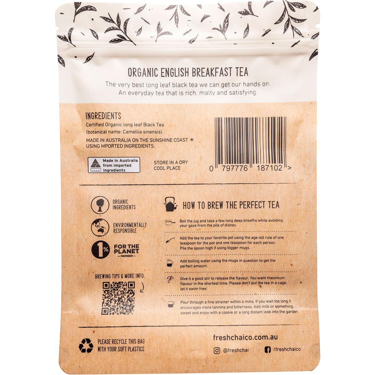Back of The Fresh Chai Co. Organic English Breakfast 200g tea bag with brewing instructions and organic certification.